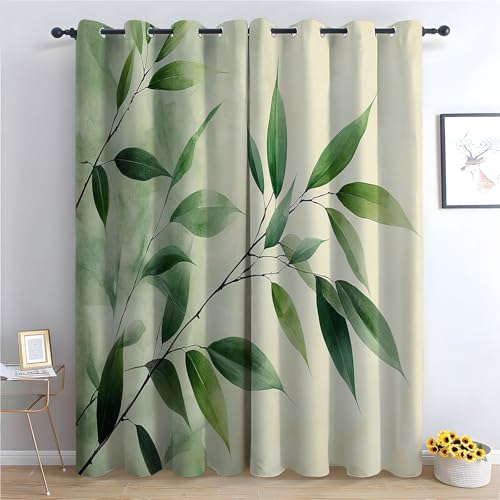 WIKEO Blumen Vorhänge Blickdicht 2er Set Natur Pflanze Grüne Blätter Modern Gardinen Ösen Abdunkelnde Vorhänge Wohnzimmer Schlafzimmer, Thermovorhang-H180 x B100 cm (2er Pack) von WIKEO