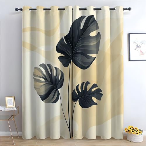 WIKEO Böhmische Blumen-Küchenvorhänge Einfaches Pflanzenblattmuster Boho-Blumenmuster, Bauernhaus, ästhetische Blumenvorhänge für Badezimmer, Schlafzimmer-H140 x B110 cm (2er Pack) von WIKEO