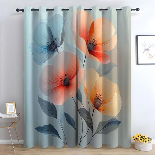 WIKEO Böhmische Blumen-Küchenvorhänge Moderne schöne Blumen Boho-Blumenmuster, Bauernhaus, ästhetische Blumenvorhänge für Badezimmer, Schlafzimmer-H180 x B140 cm (2er Pack) von WIKEO