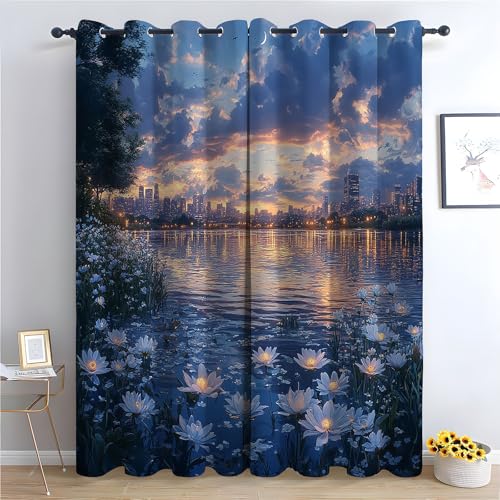 WIKEO Böhmische Blumen-Küchenvorhänge Schöne Bäume am See Boho-Blumenmuster, Bauernhaus, ästhetische Blumenvorhänge für Badezimmer, Schlafzimmer-H230 x B130 cm (2er Pack) von WIKEO