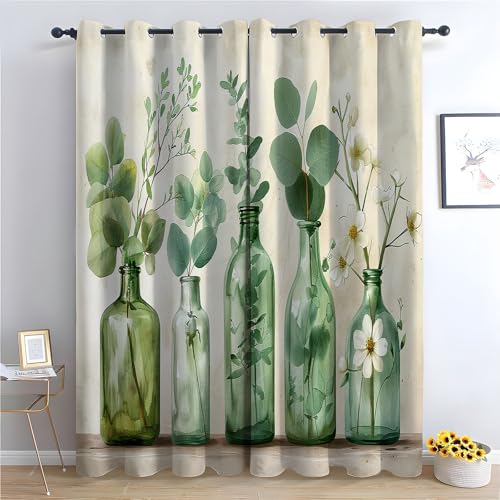 WIKEO Boho Vintage Blumen Vorhänge Blumenmuster In Vase Muster mit Ösen in Grau Schlaufenschal 2er Set für Wohnzimmer Schlafzimmer Kinderzimmer-H140 x B110 cm (2er Pack) von WIKEO