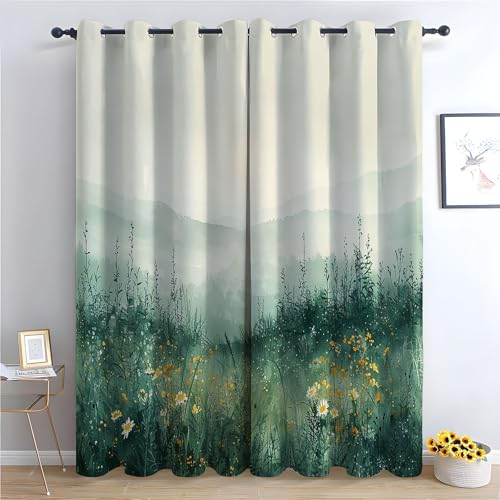 WIKEO Boho Vintage Blumen Vorhänge Natürliche Waldlandschaft Muster mit Ösen in Grau Schlaufenschal 2er Set für Wohnzimmer Schlafzimmer Kinderzimmer-H160 x B70 cm (2er Pack) von WIKEO