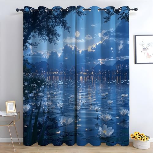 WIKEO Gardinen Blickdicht Bohemien Vorhang Schöne Bäume am See Blumenmuster Vintage Verdunkelungsvorhang mit Ösen Landhausstil Dekoschal für Wohnzimmer-H180 x B140 cm (2er Pack) von WIKEO