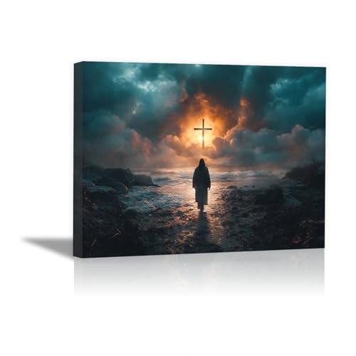 WIKEO Jesus-Bilder für die Wand, Jesus geht auf dem Wasser christliches spirituelles Poster, abstrakte Kunstwerke Heimdekoration für Gebetsraum Wohnzimmer - 30x40cm Gerahmt(blau) von WIKEO