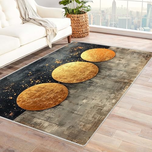 WIKEO Kurzflor Teppich waschbar Abstrakter Goldener Kreis pflegeleicht und robust fürs Wohnzimmer, Schlafzimmer und Kinderzimmer Badematte angenehm weich(Golden)-150x240cm von WIKEO
