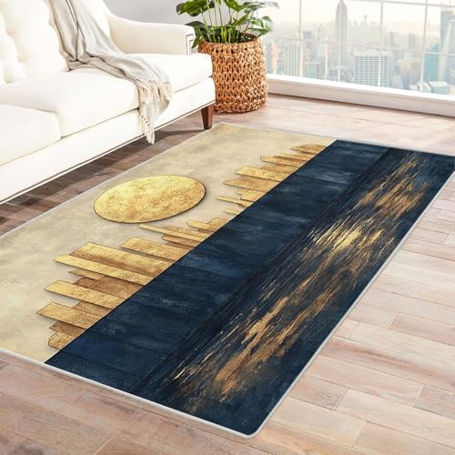 WIKEO Kurzflor Teppich waschbar Abstrakter Stadtuntergang pflegeleicht und robust fürs Wohnzimmer, Schlafzimmer und Kinderzimmer Badematte angenehm weich(Beige)-60x90cm von WIKEO