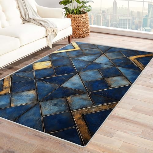 WIKEO Kurzflor Teppich waschbar Abstrakter geometrischer Teppich pflegeleicht und robust fürs Wohnzimmer, Schlafzimmer und Kinderzimmer Badematte angenehm weich(blau)-210x270cm von WIKEO