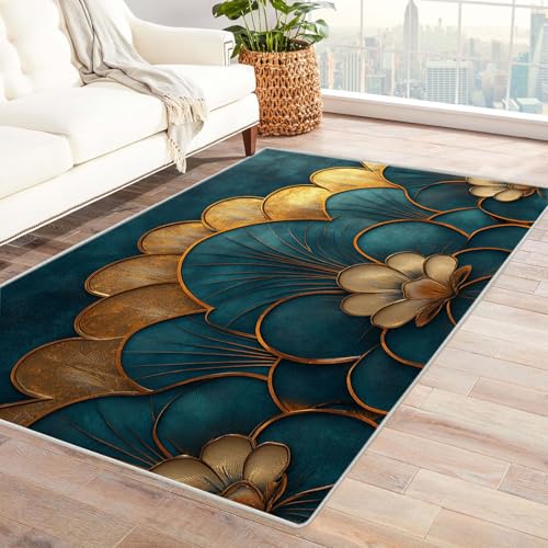 WIKEO Kurzflor Teppich waschbar Abstraktes goldblaues Muster pflegeleicht und robust fürs Wohnzimmer, Schlafzimmer und Kinderzimmer Badematte angenehm weich(Golden)-120x180cm von WIKEO