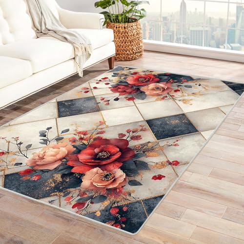WIKEO Kurzflor Teppich waschbar Gold Rosa Geometrisches Muster pflegeleicht und robust fürs Wohnzimmer, Schlafzimmer und Kinderzimmer Badematte angenehm weich(Rosa)-150x180cm von WIKEO