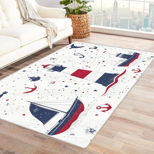 WIKEO Kurzflor Teppich waschbar Jungenzimmer Nautischer Ozean pflegeleicht und robust fürs Wohnzimmer, Schlafzimmer und Kinderzimmer Badematte angenehm weich(blau)-240x300cm von WIKEO