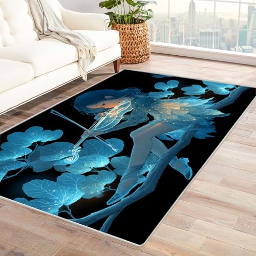 WIKEO Kurzflor Teppich waschbar Night Forest Girl Musik pflegeleicht und robust fürs Wohnzimmer, Schlafzimmer und Kinderzimmer Badematte angenehm weich(blau)-240x300cm von WIKEO