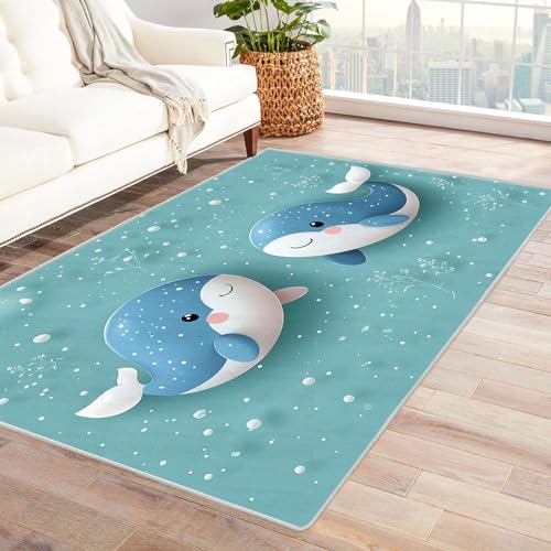 WIKEO Kurzflor Teppich waschbar Ocean Animals Zimmer für Jungen pflegeleicht und robust fürs Wohnzimmer, Schlafzimmer und Kinderzimmer Badematte angenehm weich(blau)-240x300cm von WIKEO