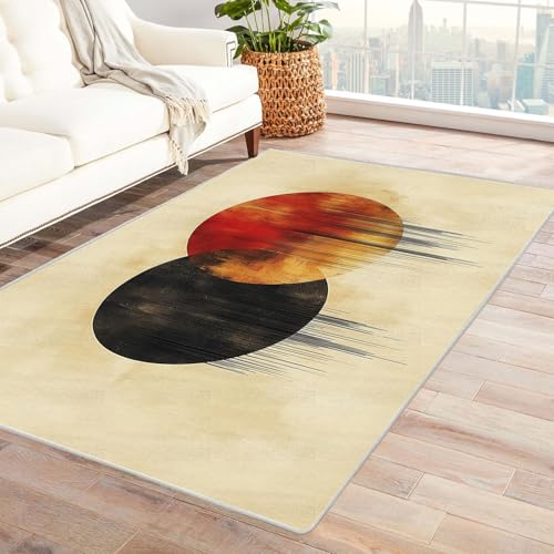 WIKEO Kurzflor Teppich waschbar Retro Geometrischer Kreis pflegeleicht und robust fürs Wohnzimmer, Schlafzimmer und Kinderzimmer Badematte angenehm weich(Beige)-150x240cm von WIKEO