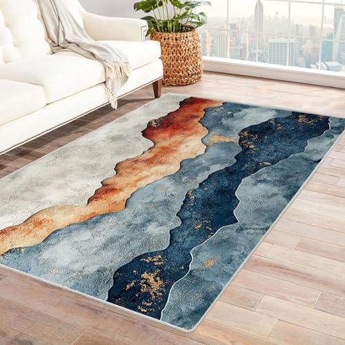 WIKEO Kurzflor Teppich waschbar Retro Line Teppichmuster pflegeleicht und robust fürs Wohnzimmer, Schlafzimmer und Kinderzimmer Badematte angenehm weich(Orange)-90x150cm von WIKEO