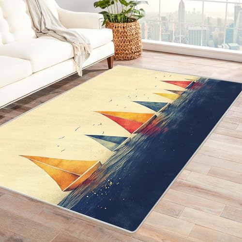 WIKEO Kurzflor Teppich waschbar Strand Ozean Landschaft Teppich pflegeleicht und robust fürs Wohnzimmer, Schlafzimmer und Kinderzimmer Badematte angenehm weich(Beige)-90x150cm von WIKEO