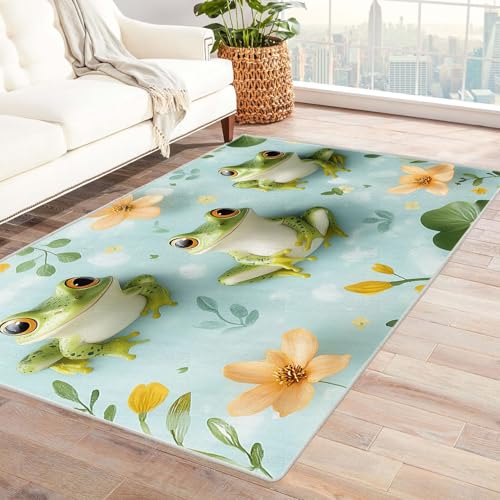 WIKEO Moderner Kurzflor Kinderzimmer Teppich DREI süße Tiere Blumen Wohnzimmer Schlafzimmer angenehm, rutschfest Teppiche Waschbar Weiche für Esszimmer Foyer(grün)-150x240cm von WIKEO