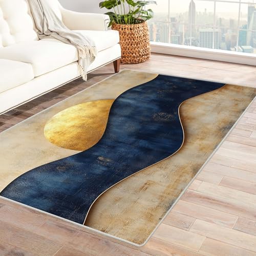 WIKEO Moderner Kurzflor Teppich Abstrakter Sonnenuntergang in den Bergen Wohnzimmer Schlafzimmer angenehm, rutschfest Teppiche Waschbar Weiche für Esszimmer Foyer(blau)-90x150cm von WIKEO