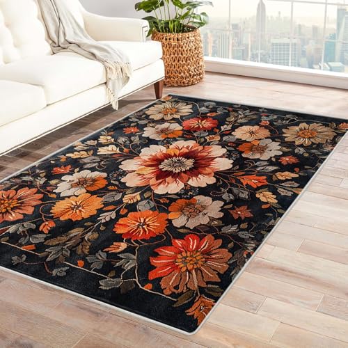 WIKEO Moderner Kurzflor Teppich Französisches Blumenmuster Wohnzimmer Schlafzimmer angenehm, rutschfest Teppiche Waschbar Weiche für Esszimmer Foyer(Orange 10)-150x240cm von WIKEO