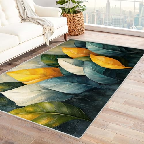 WIKEO Moderner Kuscheliger Wohnzimmer Teppich Abstrakte Pflanzenblätter Kurzflor waschbar Weich zeitlos stilvoll rutschfest pflegeleicht, Junge Mädchen Kinderteppich(grün)-150x210cm von WIKEO