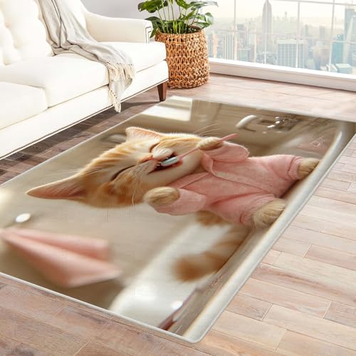 WIKEO Moderner Kuscheliger Wohnzimmer Teppich Lustige Tiere im Badezimmer Kurzflor waschbar Weich zeitlos stilvoll rutschfest pflegeleicht, Junge Mädchen Kinderteppich(Rosa)-120x180cm von WIKEO