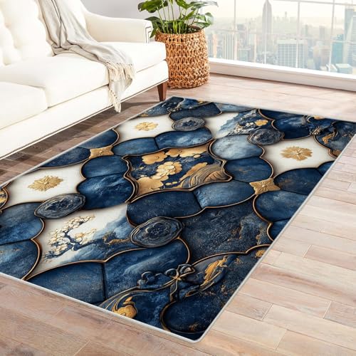 WIKEO Moderner Kuscheliger Wohnzimmer Teppich Moderne geometrische Blumen Kurzflor waschbar Weich zeitlos stilvoll rutschfest pflegeleicht, Junge Mädchen Kinderteppich(blau)-240x300cm von WIKEO