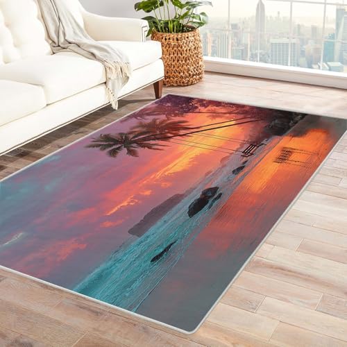 WIKEO Moderner Kuscheliger Wohnzimmer Teppich Natürliche Strandbaumschaukel Kurzflor waschbar Weich zeitlos stilvoll rutschfest pflegeleicht, Junge Mädchen Kinderteppich(Orange-1)-210x300cm von WIKEO