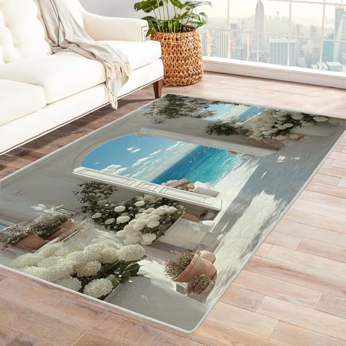 WIKEO Moderner Kuscheliger Wohnzimmer Teppich Natur Strand Blumen Landschaft Kurzflor waschbar Weich zeitlos stilvoll rutschfest pflegeleicht, Junge Mädchen Kinderteppich(Weiß-82)-210x300cm von WIKEO
