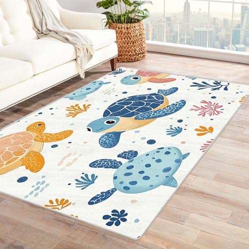 WIKEO Moderner Kuscheliger Wohnzimmer Teppich Niedliche Meerestiere Blumen Kurzflor waschbar Weich zeitlos stilvoll rutschfest pflegeleicht, Junge Mädchen Kinderteppich(blau)-210x300cm von WIKEO