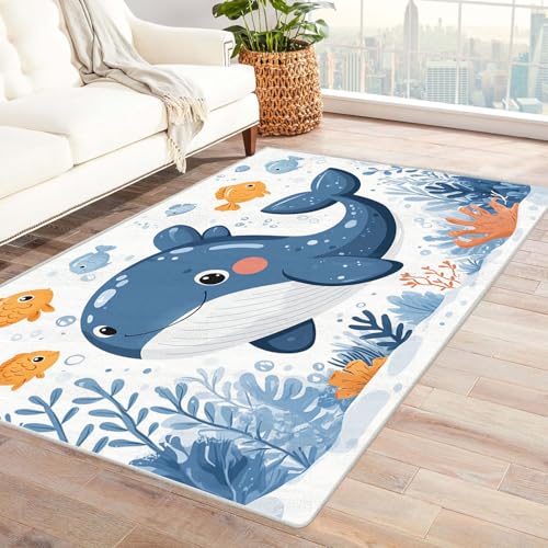 WIKEO Moderner Kuscheliger Wohnzimmer Teppich Ozean Cartoon Tiere Pflanzen Kurzflor waschbar Weich stilvoll rutschfest pflegeleicht,für Büro Esszimmer Kinderzimmer(blau)-60x90cm von WIKEO