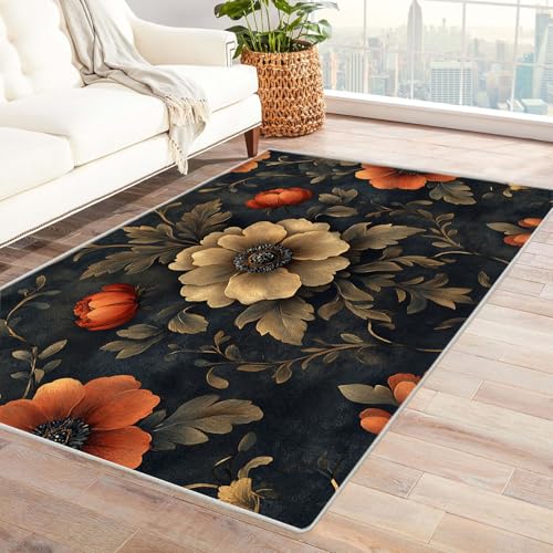 WIKEO Moderner Kuscheliger Wohnzimmer Teppich Retro Abstrakte Blumen Kurzflor waschbar Weich zeitlos stilvoll rutschfest pflegeleicht, Junge Mädchen Kinderteppich(Orange 8)-90x120cm von WIKEO