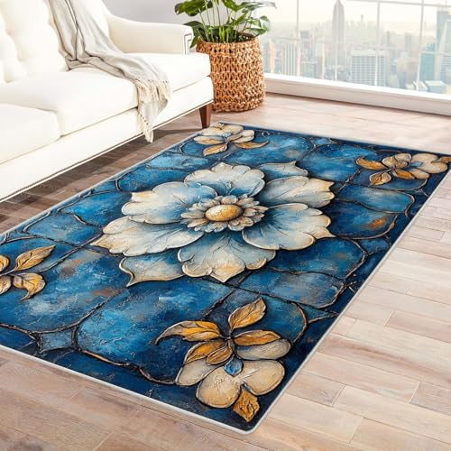 WIKEO Moderner Kuscheliger Wohnzimmer Teppich Retro Geometrisches Muster Kurzflor waschbar Weich zeitlos stilvoll rutschfest pflegeleicht, Junge Mädchen Kinderteppich(Blau 9)-240x300cm von WIKEO