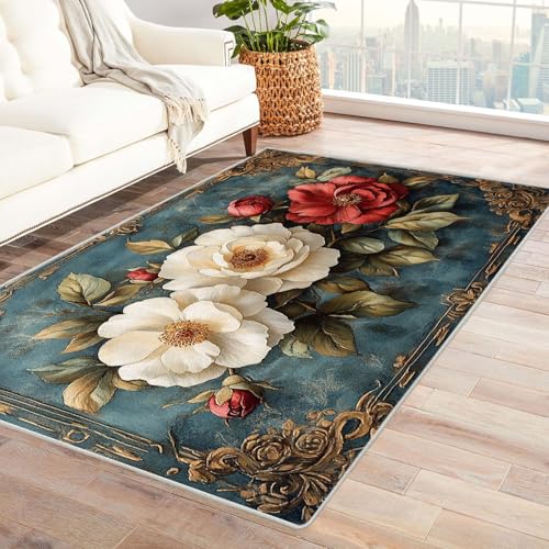 WIKEO Moderner Kuscheliger Wohnzimmer Teppich Retro Schöne Blumen Kurzflor waschbar Weich zeitlos stilvoll rutschfest pflegeleicht, Junge Mädchen Kinderteppich(Blau 4)-240x300cm von WIKEO