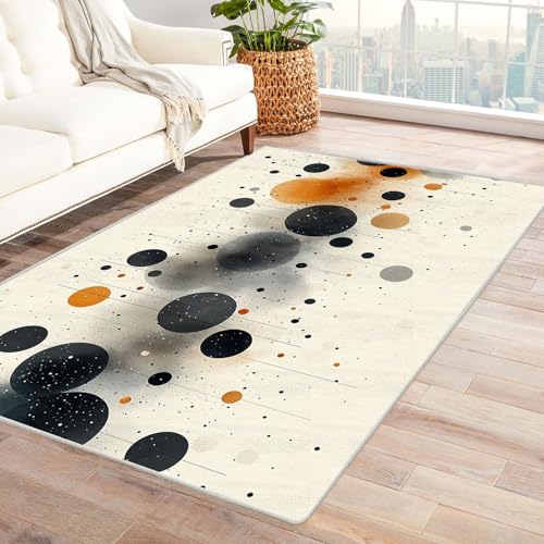 WIKEO Moderner Kuscheliger Wohnzimmer Teppich Schwarzgold Kreisförmiges Muster Kurzflor waschbar Weich zeitlos stilvoll rutschfest pflegeleicht, Junge Mädchen Kinderteppich(Beige)-150x210cm von WIKEO