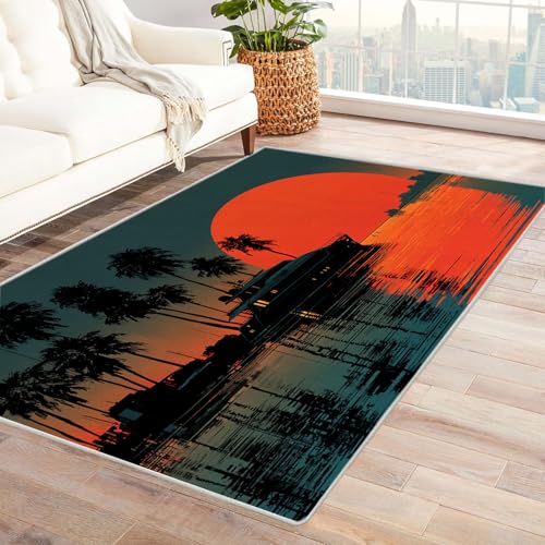 WIKEO Moderner Kuscheliger Wohnzimmer Teppich Strand Sonnenuntergang Baum Muster Kurzflor waschbar Weich zeitlos stilvoll rutschfest pflegeleicht, Junge Mädchen Kinderteppich(Rot-10)-150x180cm von WIKEO