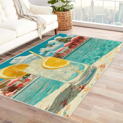 WIKEO Moderner Kuscheliger Wohnzimmer Teppich Strandmotiv Abstrakte Strandfreizeit Kurzflor waschbar Weich zeitlos stilvoll rutschfest pflegeleicht, Junge Mädchen Kinderteppich(Blau-37)-240x300cm von WIKEO