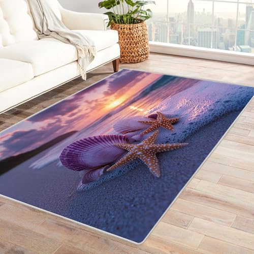 WIKEO Moderner Kuscheliger Wohnzimmer Teppich Strandmotiv Beach Night Scene Teppich Kurzflor waschbar Weich zeitlos stilvoll rutschfest pflegeleicht, Junge Mädchen Kinderteppich(Lila 108)-180x270cm von WIKEO