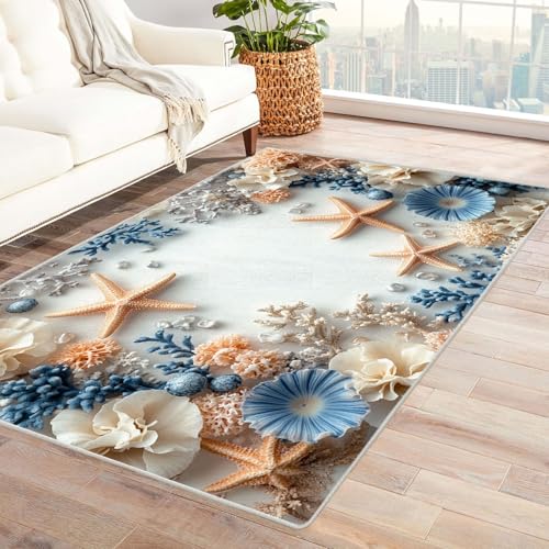 WIKEO Moderner Kuscheliger Wohnzimmer Teppich Strandmotiv Bunte Strandpflanzen Muscheln Kurzflor waschbar Weich zeitlos stilvoll rutschfest pflegeleicht, Junge Mädchen Kinderteppich(beige)-210x300cm von WIKEO