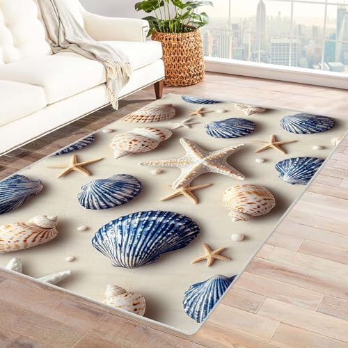 WIKEO Moderner Kuscheliger Wohnzimmer Teppich Strandmotiv Buntes Muschelmuster Kurzflor waschbar Weich zeitlos stilvoll rutschfest pflegeleicht, Junge Mädchen Kinderteppich(blau)-240x300cm von WIKEO