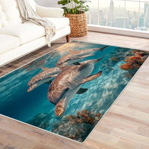 WIKEO Moderner Kuscheliger Wohnzimmer Teppich Strandmotiv DREI niedliche Tierdelfine Kurzflor waschbar Weich zeitlos stilvoll rutschfest pflegeleicht, Junge Mädchen Kinderteppich(Blau-46)-120x180cm von WIKEO
