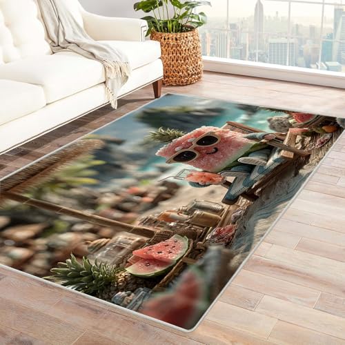 WIKEO Moderner Kuscheliger Wohnzimmer Teppich Strandmotiv Lustiges Strandfruchtmuster Kurzflor waschbar Weich zeitlos stilvoll rutschfest pflegeleicht, Junge Mädchen Kinderteppich(Rot-64)-150x240cm von WIKEO