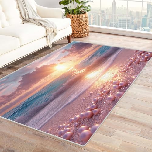WIKEO Moderner Kuscheliger Wohnzimmer Teppich Strandmotiv Moderner schöner Strand Kurzflor waschbar Weich zeitlos stilvoll rutschfest pflegeleicht, Junge Mädchen Kinderteppich(Blau 99)-240x300cm von WIKEO