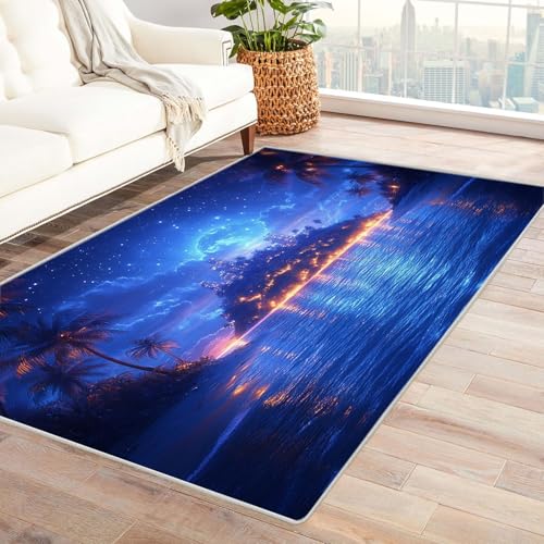 WIKEO Moderner Kuscheliger Wohnzimmer Teppich Strandmotiv Nacht Strand Baum Landschaft Kurzflor waschbar Weich zeitlos stilvoll rutschfest pflegeleicht, Junge Mädchen Kinderteppich(Blau 63)-240x300cm von WIKEO