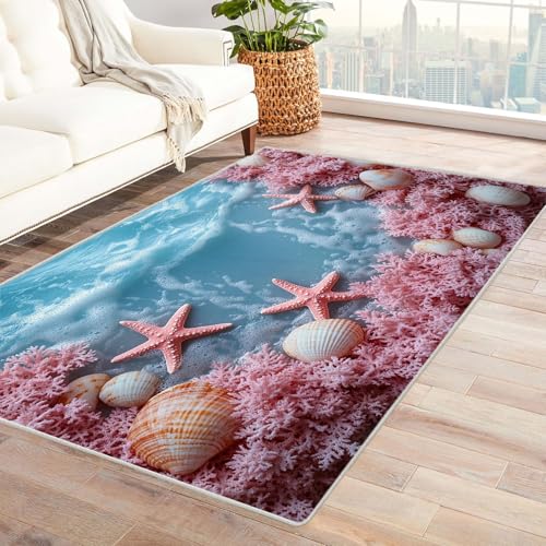 WIKEO Moderner Kuscheliger Wohnzimmer Teppich Strandmotiv Natural Beach Shells Teppich Kurzflor waschbar Weich zeitlos stilvoll rutschfest pflegeleicht, Junge Mädchen Kinderteppich(Rosa 45)-150x180cm von WIKEO