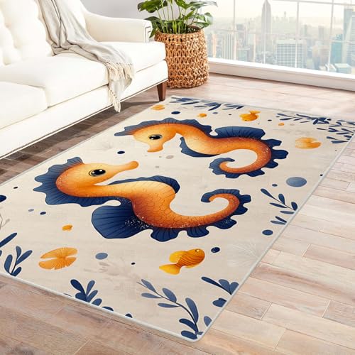 WIKEO Moderner Kuscheliger Wohnzimmer Teppich Strandmotiv Niedlicher Meerestierteppich Kurzflor waschbar Weich zeitlos stilvoll rutschfest pflegeleicht, Junge Mädchen Kinderteppich(Gelb)-240x300cm von WIKEO