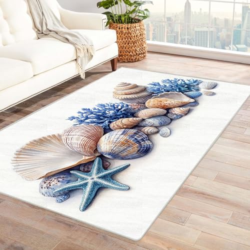 WIKEO Moderner Kuscheliger Wohnzimmer Teppich Strandmotiv Retro Ocean Plants Schalen Kurzflor waschbar Weich zeitlos stilvoll rutschfest pflegeleicht, Junge Mädchen Kinderteppich(Blau 9)-240x300cm von WIKEO