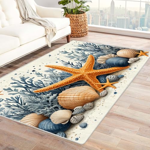 WIKEO Moderner Kuscheliger Wohnzimmer Teppich Strandmotiv Schalen von Meerespflanzen Kurzflor waschbar Weich zeitlos stilvoll rutschfest pflegeleicht, Junge Mädchen Kinderteppich(Orange)-150x210cm von WIKEO