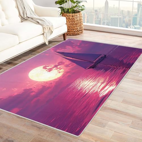 WIKEO Moderner Kuscheliger Wohnzimmer Teppich Strandmotiv Schöner Meerblick bei Nacht Kurzflor waschbar Weich zeitlos stilvoll rutschfest pflegeleicht, Junge Mädchen Kinderteppich(Lila 27)-150x240cm von WIKEO