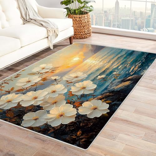 WIKEO Moderner Kuscheliger Wohnzimmer Teppich Strandmotiv Strandpflanze Szenerie Muster Kurzflor waschbar Weich zeitlos stilvoll rutschfest pflegeleicht, Junge Mädchen Kinderteppich(weiß)-180x240cm von WIKEO