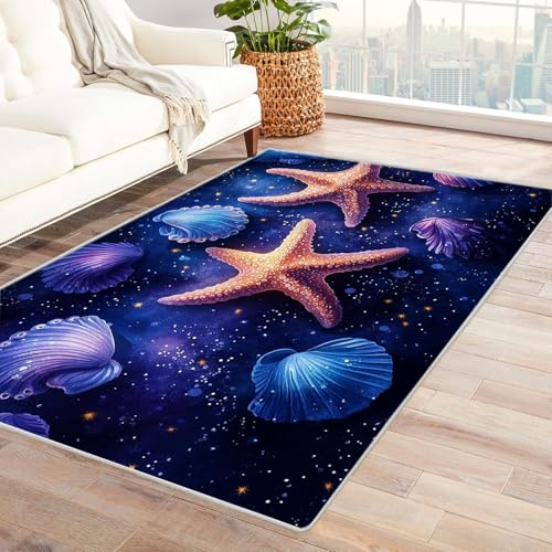 WIKEO Moderner Kuscheliger Wohnzimmer Teppich Strandmotiv Vintage Marine Tier Teppich Kurzflor waschbar Weich zeitlos stilvoll rutschfest pflegeleicht, Junge Mädchen Kinderteppich(Blau 54)-240x300cm von WIKEO