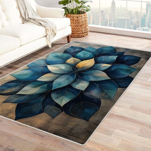 WIKEO Moderner Kuscheliger Wohnzimmer Teppich Vintage Blumenmuster Kurzflor waschbar Weich stilvoll rutschfest pflegeleicht,für Büro Esszimmer Kinderzimmer(blau)-180x240cm von WIKEO